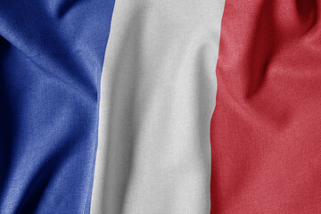 National Flag on Textured Fabric Background. Silk textured flag, realistic wave and flag look. FR  Flag of France