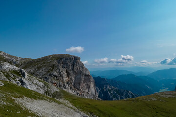 Panoramic view of majestic mount peaks of Hochschwab massif, Styria, Austria. Idyllic hiking trail...