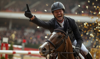 Professional equestrian celebrating the championship gold - obrazy, fototapety, plakaty