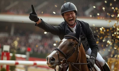 Tuinposter Professional equestrian celebrating the championship gold © RobertNyholm