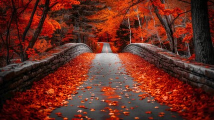 Autumn dreamscape: Stone bridge amidst fiery red foliage, leading to a mysterious path shrouded in the warmth of fall - obrazy, fototapety, plakaty