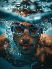 A man wearing goggles and swimming in a pool with water droplets surrounding his face