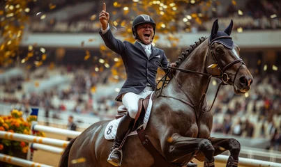 Deurstickers Professional equestrian celebrating the championship gold © RobertNyholm