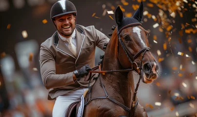 Rolgordijnen Professional equestrian celebrating the championship gold © RobertNyholm