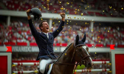 Zelfklevend Fotobehang Professional equestrian celebrating the championship gold © RobertNyholm