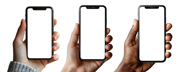Obraz na płótnie Canvas Set mockup, different hands holding phone, isolated PNG transparent, Pack