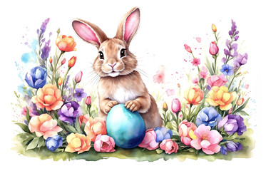 Watercolor Easter Bunny in a Field of Flowers on White Background