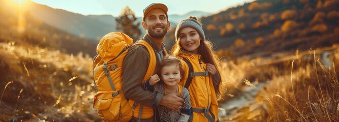 a family with backpacks is standing in a field - obrazy, fototapety, plakaty