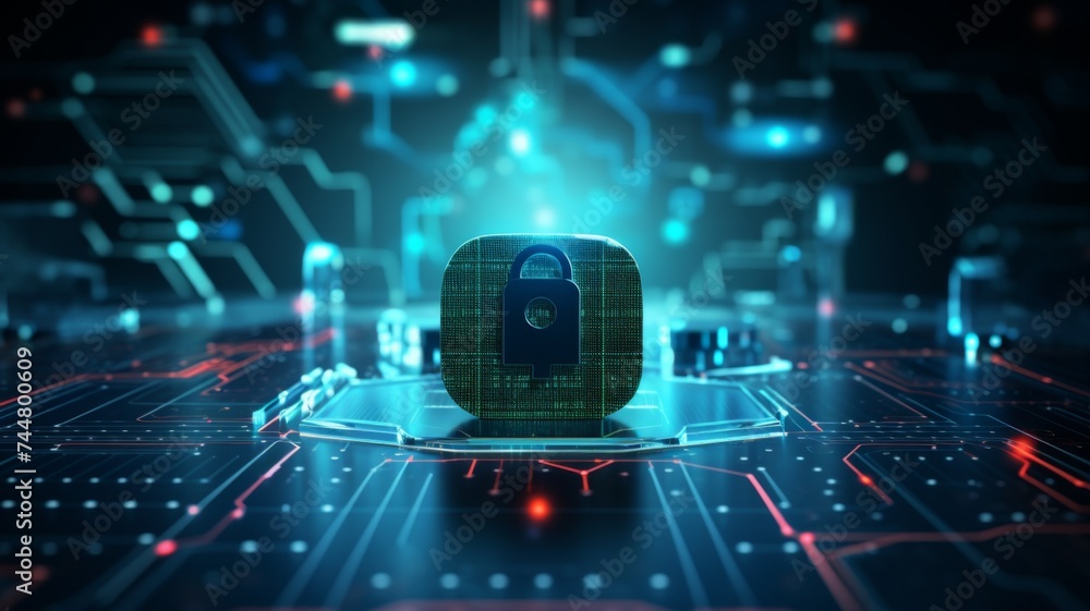 Poster digital padlock on a futuristic circuit board, concept of cybersecurity and data protection.