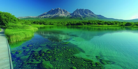 Crystal clarity: Pristine lake with transparent waters reflecting majestic mountains, symbolizing purity and untouched wilderness