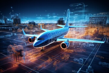 Digital composite of a commercial airplane with futuristic cityscape holograms, symbolizing advanced air travel technology.