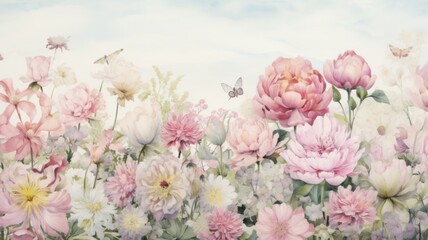Elegant floral background with a variety of soft pink flowers and butterflies, ideal for wedding invitations or greeting cards.