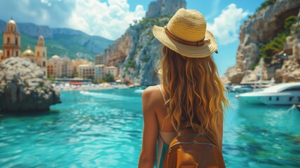 Woman in straw hat enjoys nature by standing in front of water - obrazy, fototapety, plakaty