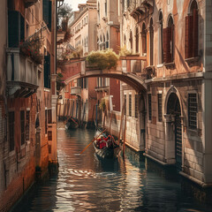 Serene Venetian Canal with Gondola and Historic Architecture - obrazy, fototapety, plakaty