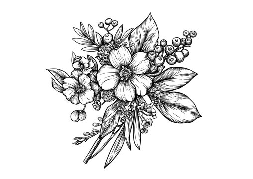 recommend clip art: Boutonniere of wild rose flowers and berries Clip art, set of elements for design Graphic drawing, engraving style. Vector illustration. In botanical style