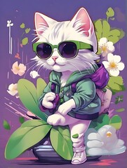 Kawaii Luck Stylish White Cat Vector T-Shirt Design with Japanese Style on a Light Purple Background