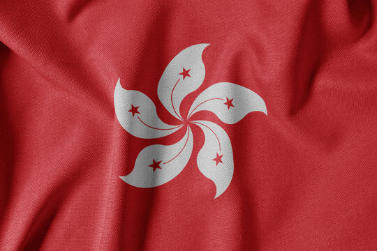 National Flag on Textured Fabric Background. Silk textured flag, realistic wave and flag look. HK  Flag of Hong Kong