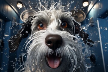 A small dog with a long coat is shaking its head vigorously, as water droplets fly off its wet and matted fur, creating a sense of joy and happiness on its face. - obrazy, fototapety, plakaty