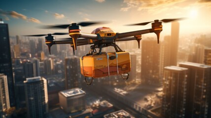 Futuristic Drone Delivery in City - Autonomous drone flying over urban skyline delivering goods during golden hour