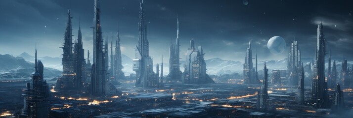 Futuristic City with Mountains - Science fiction landscape with an urban skyline and mountainous backdrop