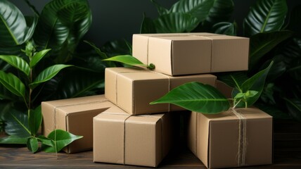 Eco-Friendly Packaging Concept - Sustainable packaging solutions surrounded by lush greenery, highlighting eco-conscious packaging design.