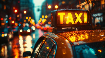 Taxi sign on the roof of a taxi in rainy day