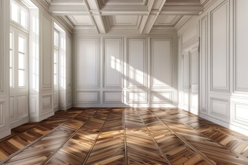 Classic Room Interior with Herringbone Floor - Traditional room interior featuring a herringbone pattern floor, illustrating a timeless design style.