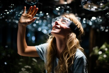A woman in a lab coat observes glass spheres with unique ecosystems, inspiring curiosity about science and nature in the futuristic botanical lab.