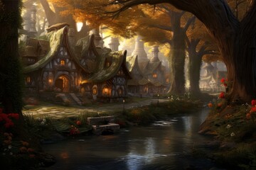 Enchanted Forest Cottage Scene - Magical autumn setting with whimsical houses by a serene stream