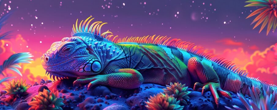 A serene scene of a sleeping iguana in a bright and colorful digital landscape
