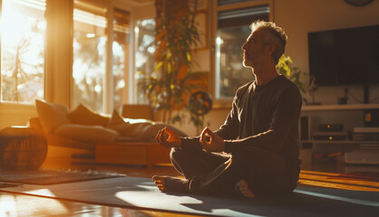 Yoga-adept middle-aged man meditates in home living room alone doing breathing exercises with crossed legs. Active people, Oriental practices in common life, relaxing, mental health concept image. - obrazy, fototapety, plakaty