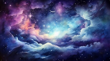 Starry Night Cloudscape Watercolor - Majestic cloudscape with stars, rendered in watercolor for a celestial effect