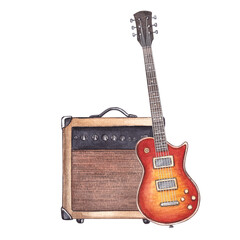 Guitar amplifier and electric guitar. Watercolor hand drawn illustration of combo amp for electric guitar. Clipart on a white background on the theme of music, rock, jazz, blues.
