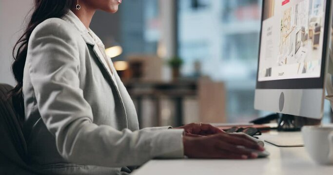 Computer, keyboard and hands of business woman typing for SEO research, internet search and review website. Office, corporate and person at desk on pc for online project, web design and working