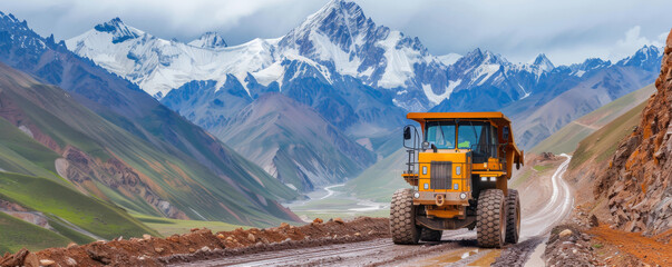 Heavy machine rumbles defiantly along road against mountains. Heavy dump truck presses onward with tires carving path through rocky terrain. - obrazy, fototapety, plakaty