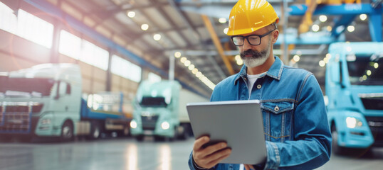 Senior man in helmet works with laptop among trucks in station. Man expertise evident deftly manipulating device touchscreen managing logistics