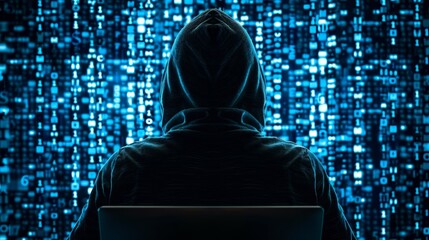 Hacker hacking with laptop and data screen background - obrazy, fototapety, plakaty