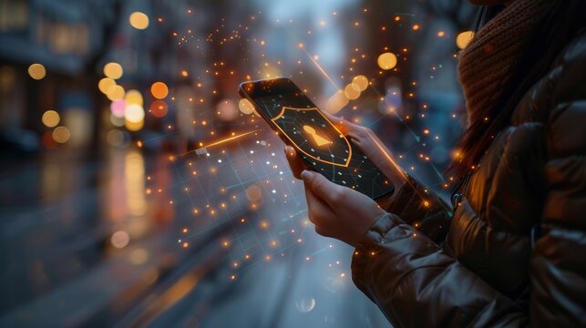 Safety and Privacy hand person using a smartphone with a shield icon overlay, emphasizing the importance of safety and privacy in online dating.