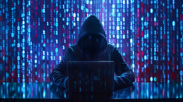 Hacker hacking with laptop and data screen background