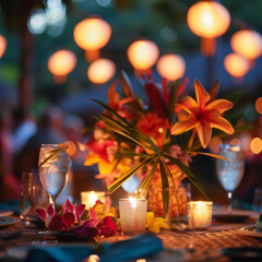Tropical Luau Dinner Setting at Dusk with Glowing Lanterns