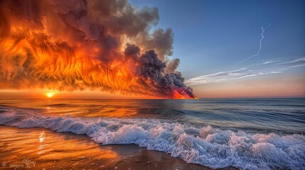 Dramatic Beach Scene with Fiery Sky and Lightning
