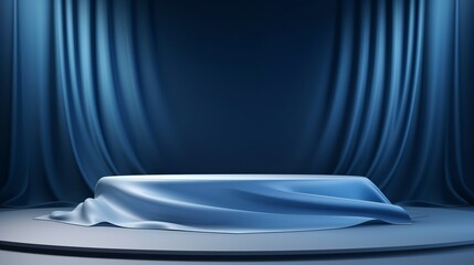 3d podium blue background and fabric curtain with spotlight luxury