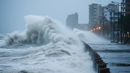 Violent Storm Surge Flooding City Promenade with Powerful Waves