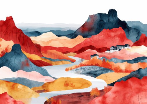 Abstract Red and Pink Mountains with River