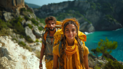 a man and a woman are hiking up a mountain next to a body of water - obrazy, fototapety, plakaty