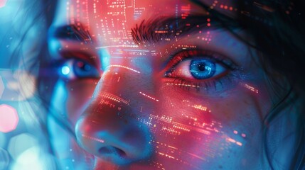 Woman face with futuristic technology concepts and AI-driven innovation, symbolizing the exploration of future technology trends with AI assistance