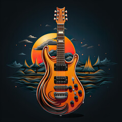 Artistic Electric Guitar with Stylized Sunset Background
