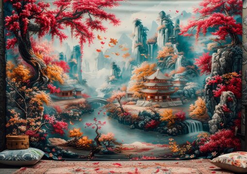 Ornate Asian Tapestry with Autumn Theme