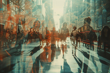 Crowd of people, hustle culture concept, double exposure style