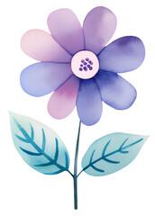 Watercolor illustration of a cartoon purple flower. Transparent background, png
